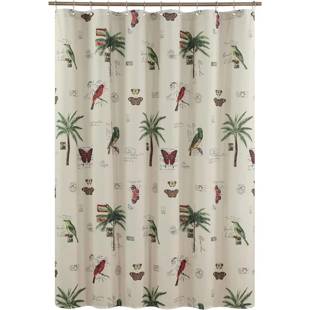 Terrasse Shower Curtain Waterproof Fabric Cardinal Butterfly Palm Trees Postage